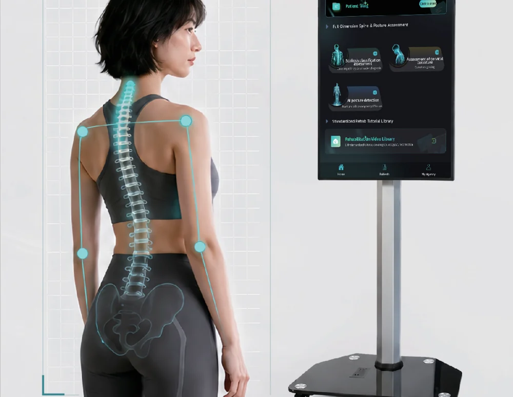 ScoliMatrix 3D 脊柱评估：患者背部叠加脊柱三维模型，旁边为筛查设备